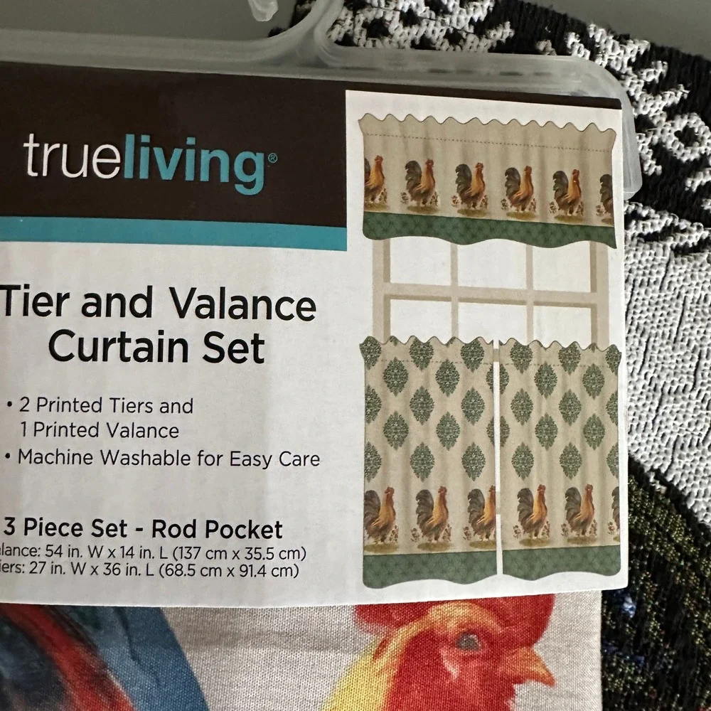 True Living Rooster Curtain Set 3pc Valance Tiers & 5 Woven Tapestry Placemats